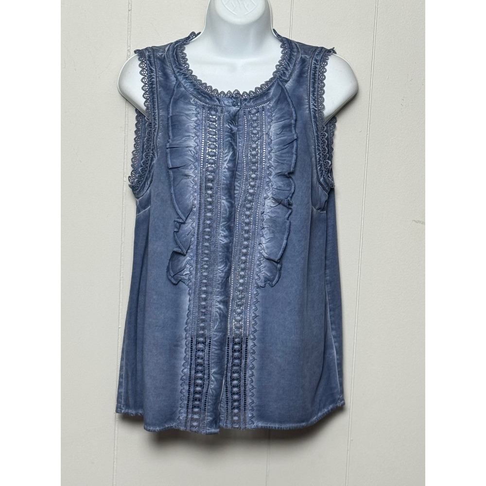 James Coviello Women's Blue Ruffle Crochet Lace Trim Sleeveless Tank Top Size M